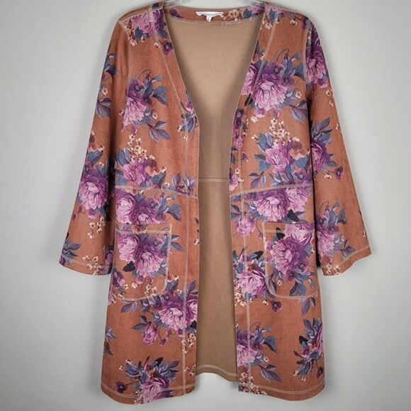 Solitaire Size S Floral Faux Suede Open Front Kimono Jacket Duster Multicolor - Picture 2 of 12